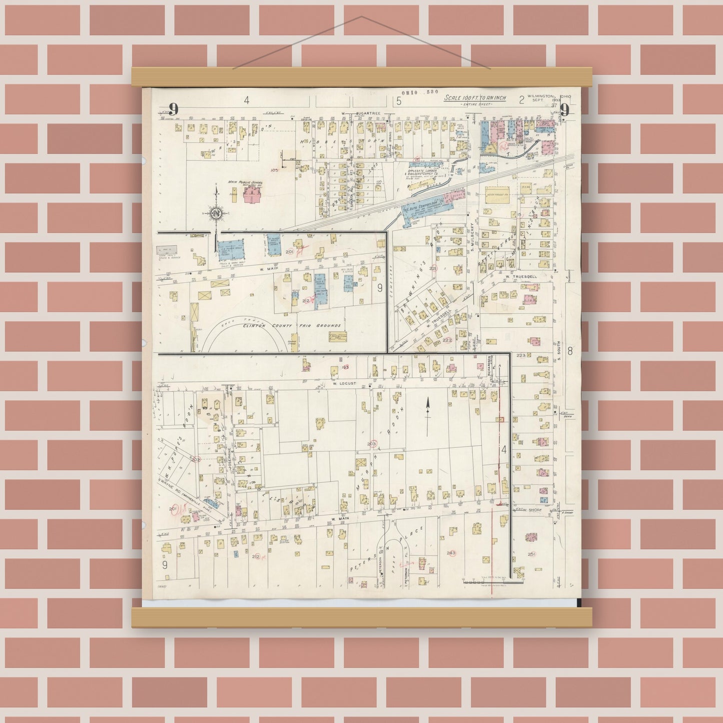 Old map wall art mockup — magnetic wood frame on brick wall — Sanborn Fire Insurance Map from Wilmington, Clinton County, Ohio (1949), Sheet #0009