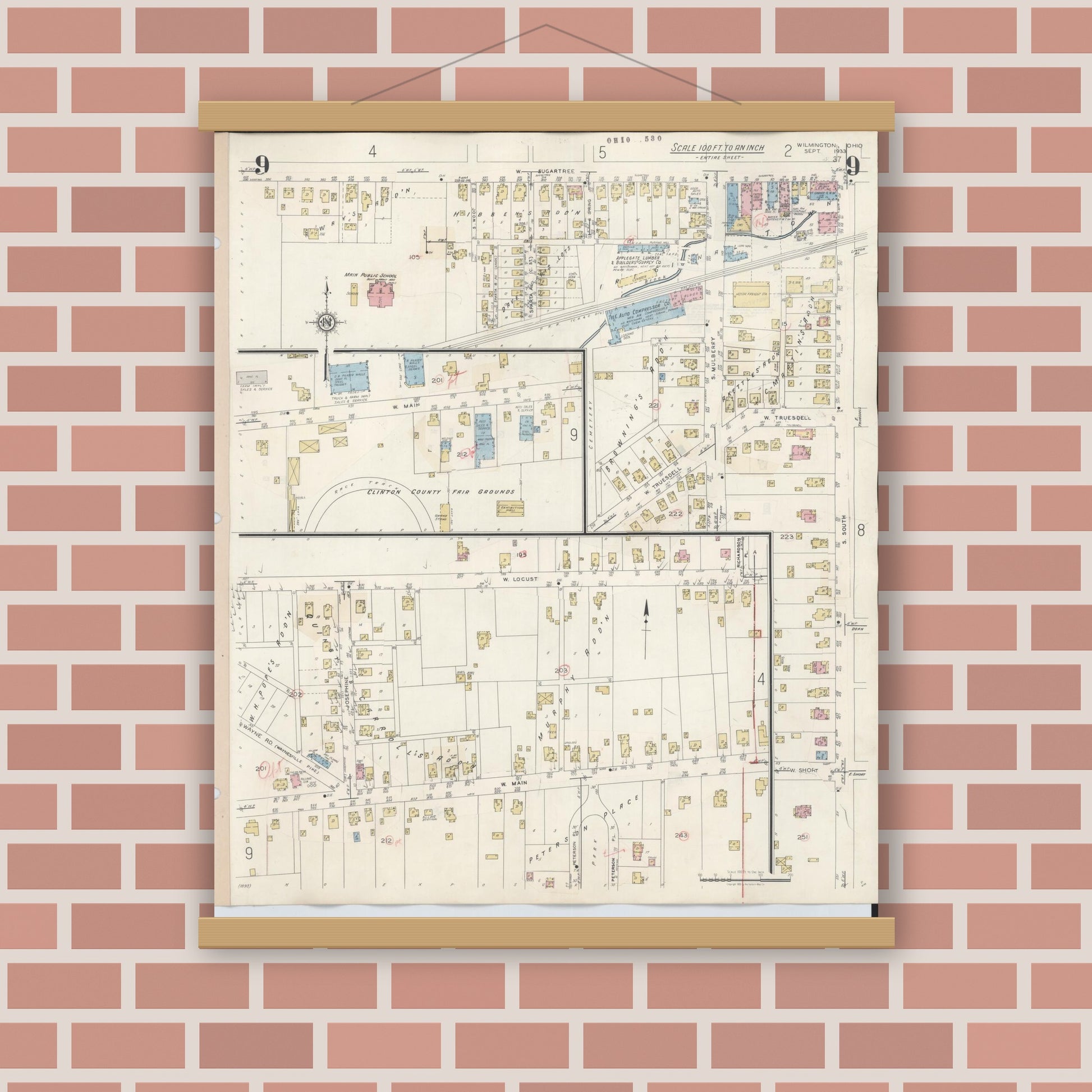 Old map wall art mockup — magnetic wood frame on brick wall — Sanborn Fire Insurance Map from Wilmington, Clinton County, Ohio (1949), Sheet #0009