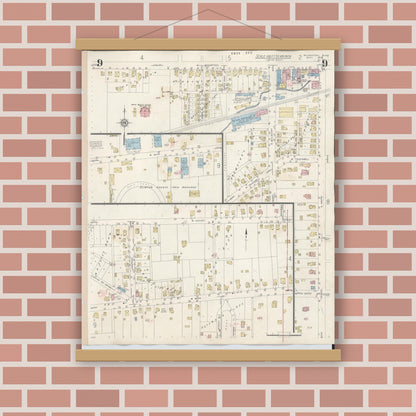 Old map wall art mockup — magnetic wood frame on brick wall — Sanborn Fire Insurance Map from Wilmington, Clinton County, Ohio (1949), Sheet #0009