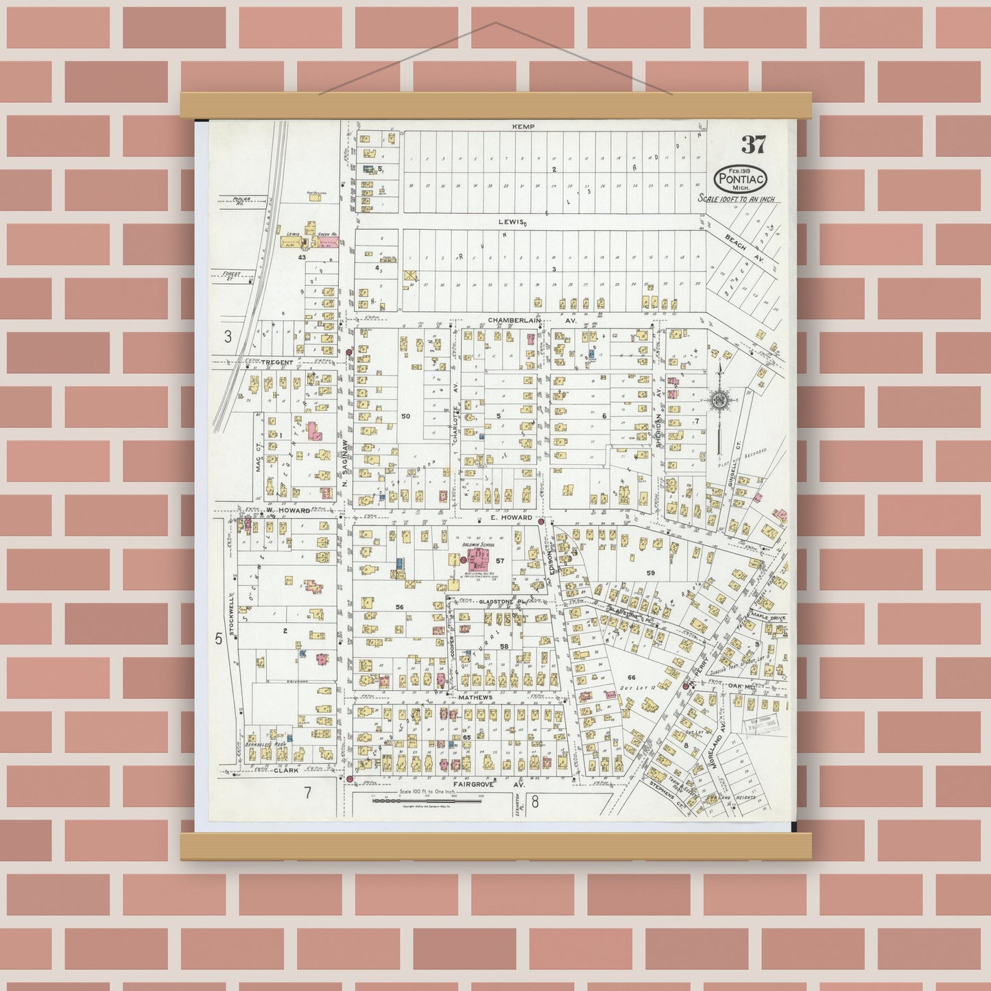 Old map wall art mockup — magnetic wood frame on brick wall — Sanborn Fire Insurance Map from Pontiac, Oakland County, Michigan (1919), Sheet #0037
