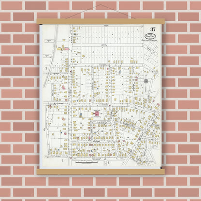 Old map wall art mockup — magnetic wood frame on brick wall — Sanborn Fire Insurance Map from Pontiac, Oakland County, Michigan (1919), Sheet #0037