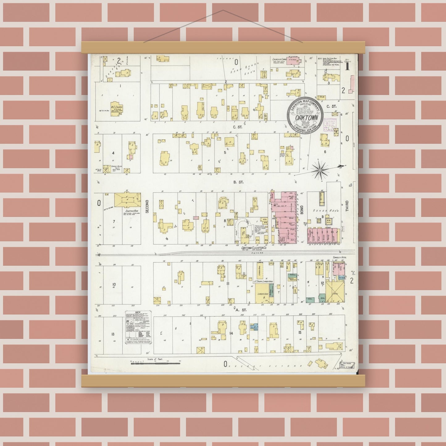 Old map wall art mockup — magnetic wood frame on brick wall — Sanborn Fire Insurance Map from Oaktown, Knox County, Indiana (1907), Sheet #0001