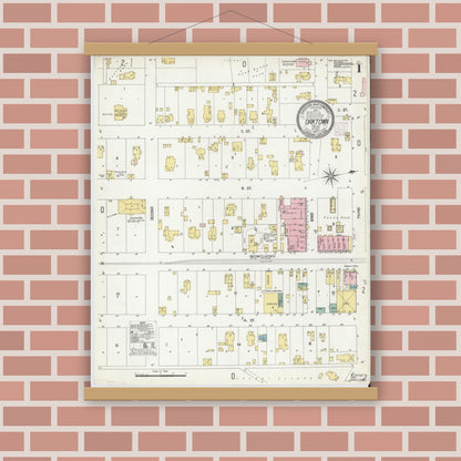Old map wall art mockup — magnetic wood frame on brick wall — Sanborn Fire Insurance Map from Oaktown, Knox County, Indiana (1907), Sheet #0001