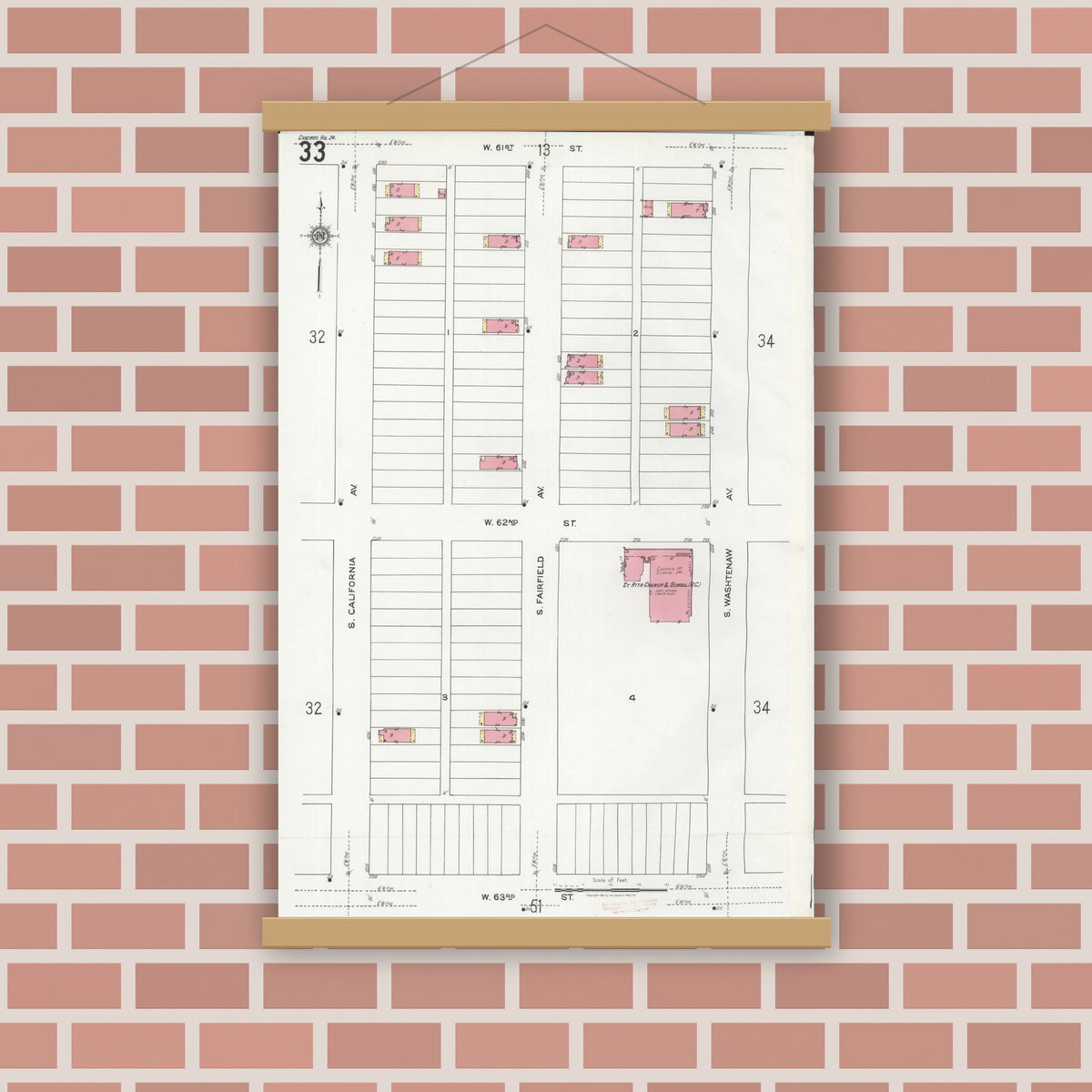 Old map wall art mockup — magnetic wood frame on brick wall — Sanborn Fire Insurance Map from Chicago, Cook County, Illinois (1920), Sheet #0033