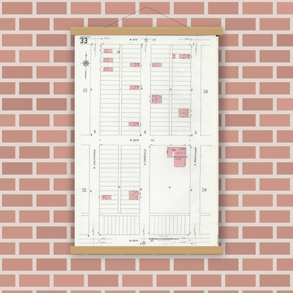 Old map wall art mockup — magnetic wood frame on brick wall — Sanborn Fire Insurance Map from Chicago, Cook County, Illinois (1920), Sheet #0033