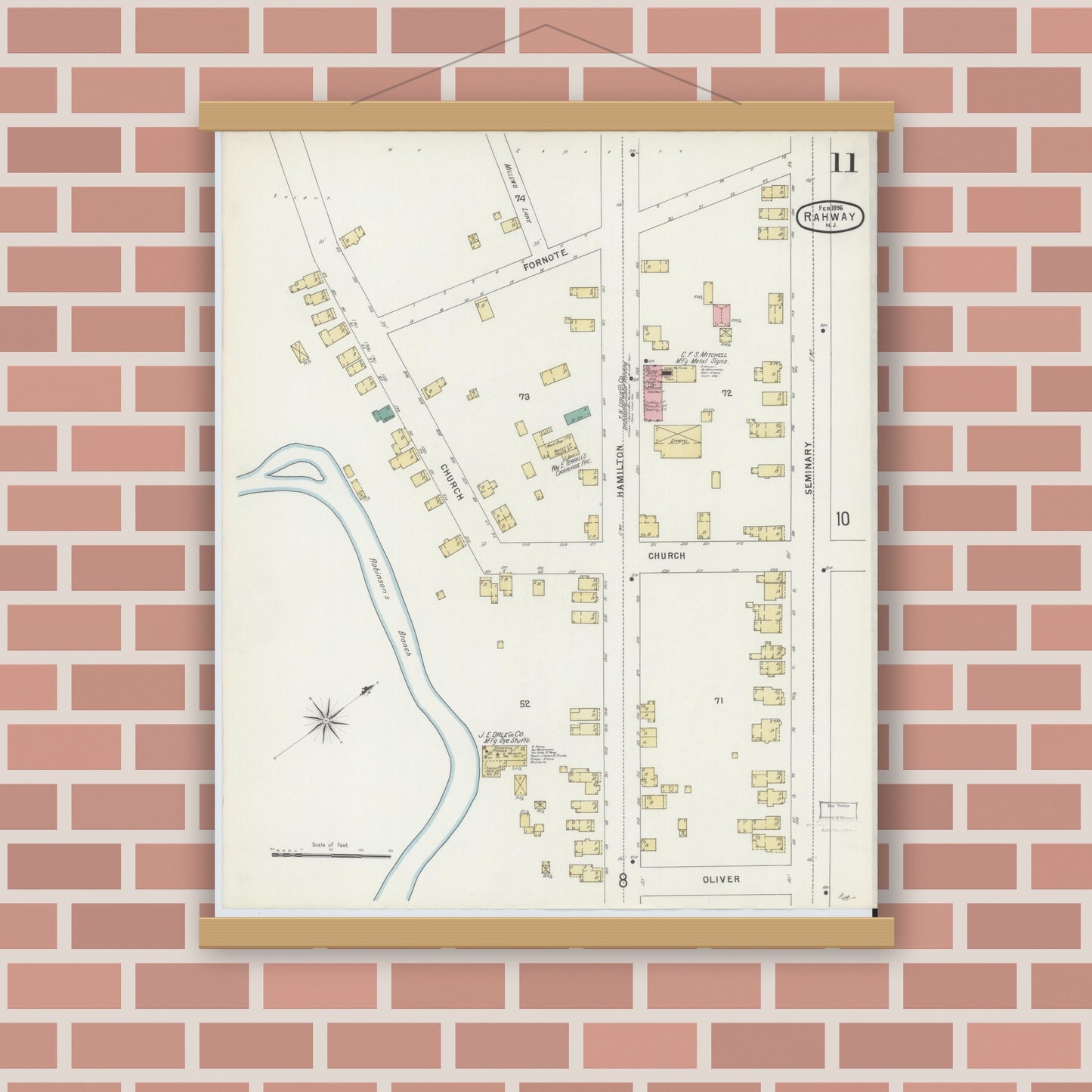 Old map wall art mockup — magnetic wood frame on brick wall — Sanborn Fire Insurance Map from Rahway, Union County, New Jersey (1896), Sheet #0011