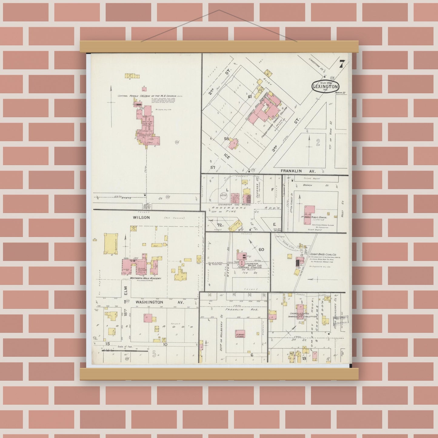 Old map wall art mockup — magnetic wood frame on brick wall — Sanborn Fire Insurance Map from Lexington, Lafayette County, Missouri (1894), Sheet #0007