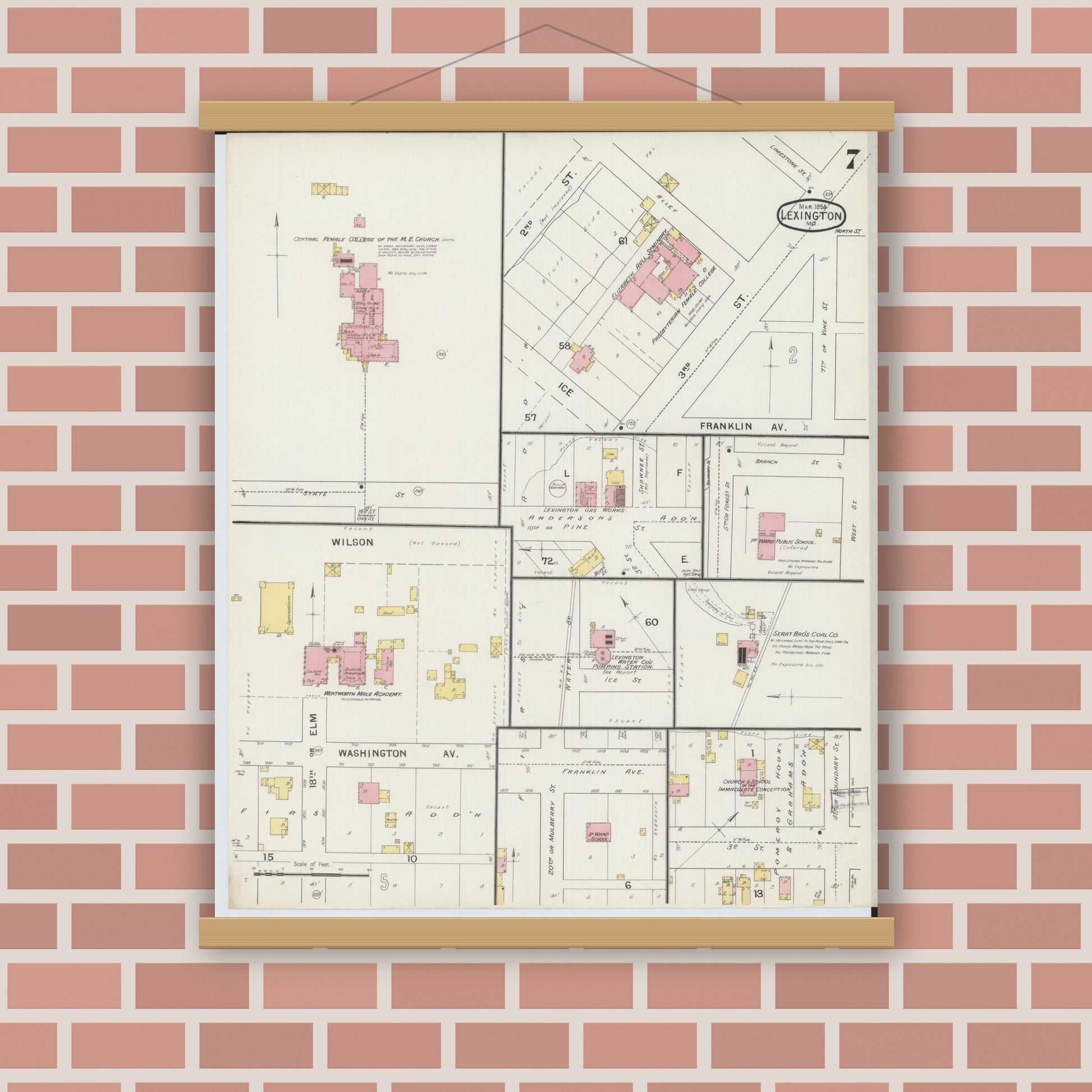 Old map wall art mockup — magnetic wood frame on brick wall — Sanborn Fire Insurance Map from Lexington, Lafayette County, Missouri (1894), Sheet #0007