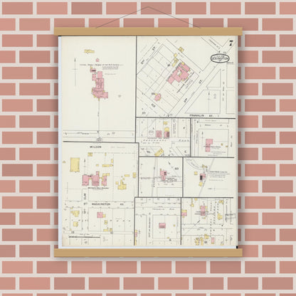 Old map wall art mockup — magnetic wood frame on brick wall — Sanborn Fire Insurance Map from Lexington, Lafayette County, Missouri (1894), Sheet #0007