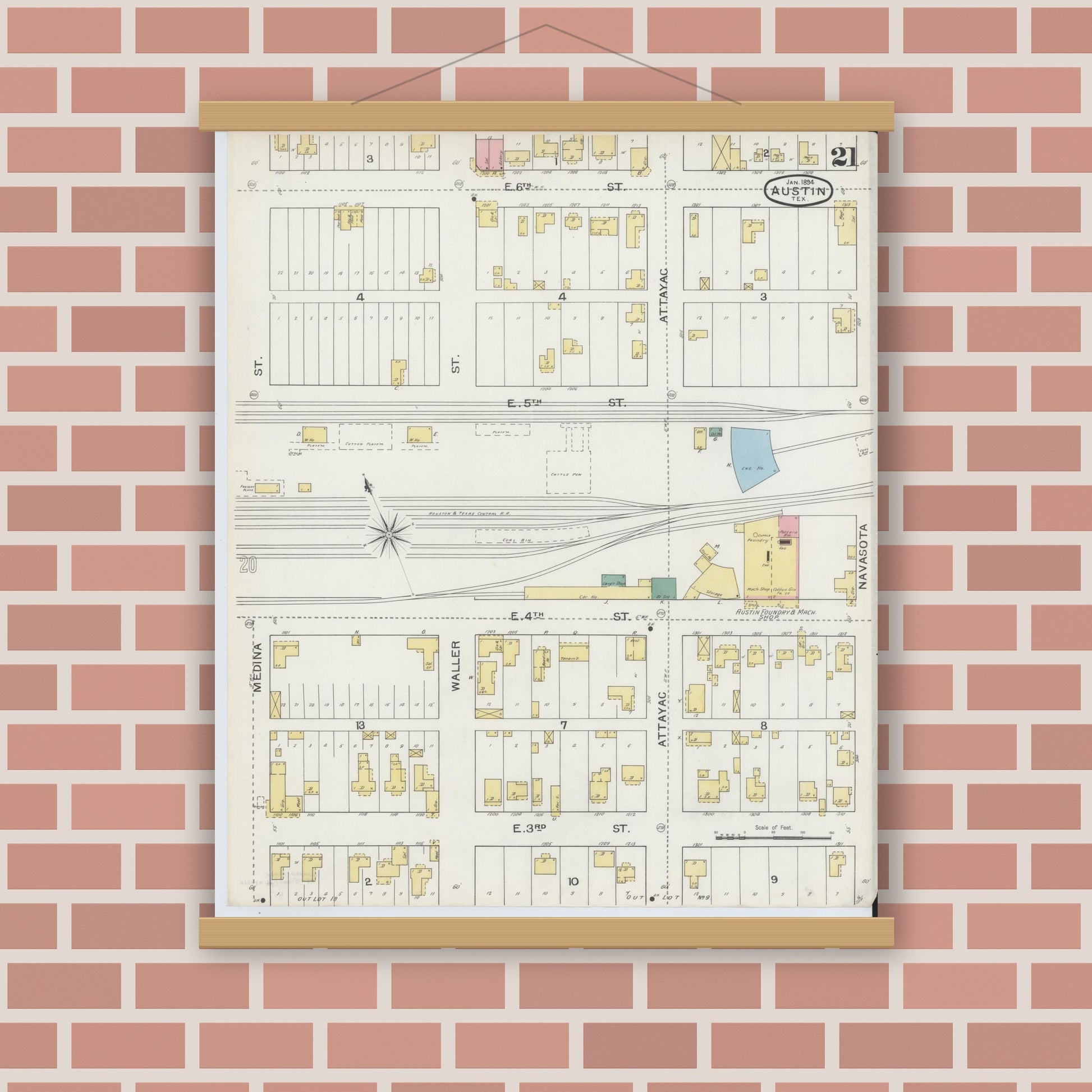 Old map wall art mockup — magnetic wood frame on brick wall — Sanborn Fire Insurance Map from Austin, Travis County, Texas (1894), Sheet #0021