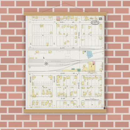 Old map wall art mockup — magnetic wood frame on brick wall — Sanborn Fire Insurance Map from Austin, Travis County, Texas (1894), Sheet #0021