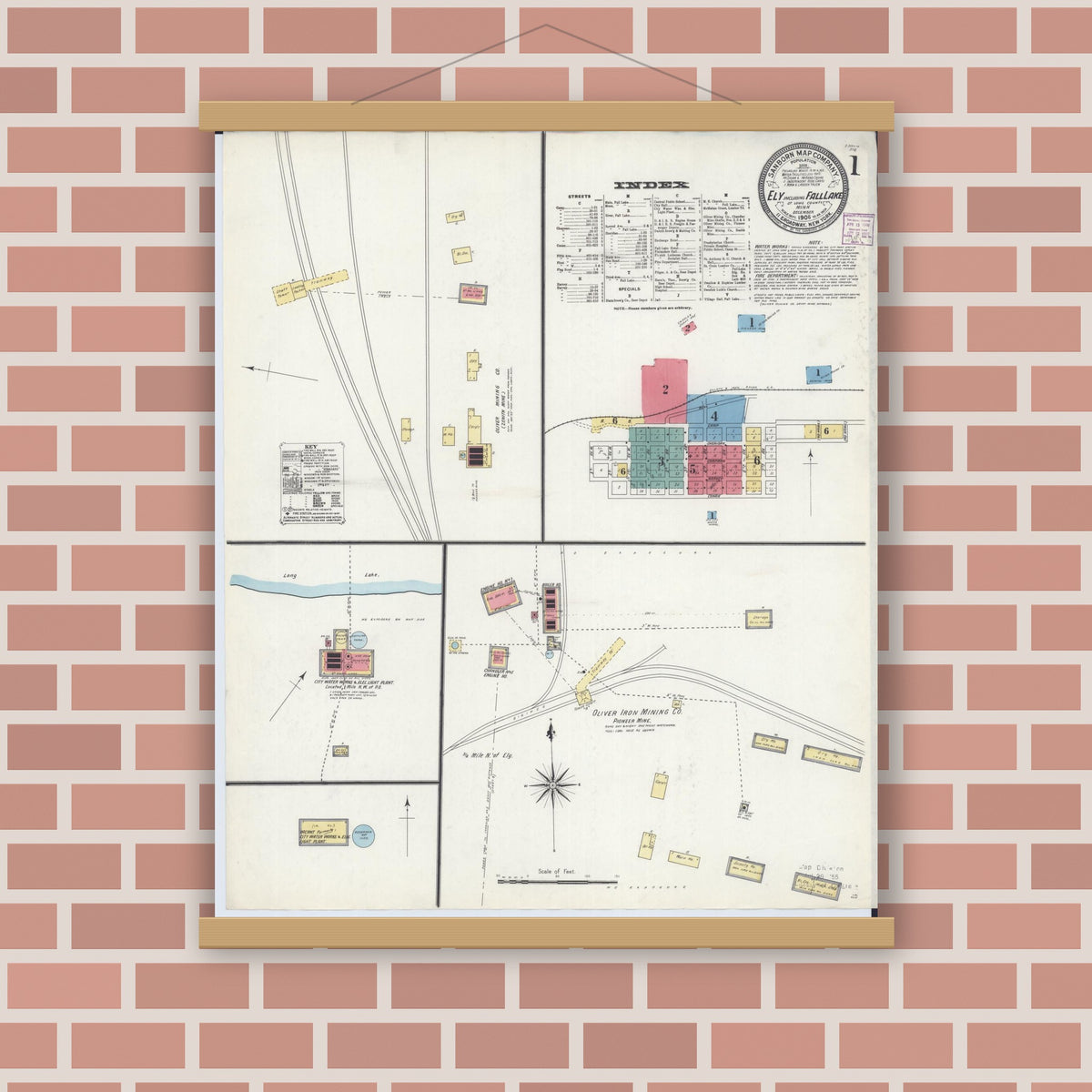 Old map wall art mockup — magnetic wood frame on brick wall — Sanborn Fire Insurance Map from Ely, Saint Louis County, Minnesota (1906) - Complete Map Set