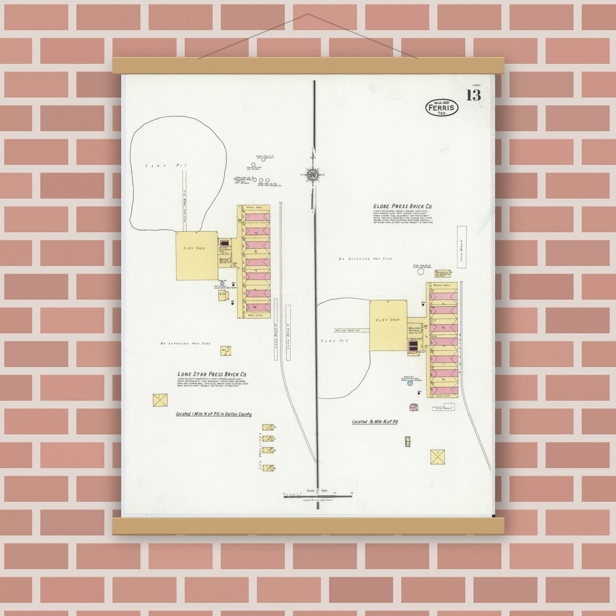 Old map wall art mockup — magnetic wood frame on brick wall — Sanborn Fire Insurance Map from Ferris, Ellis County, Texas (1921), Sheet #0013