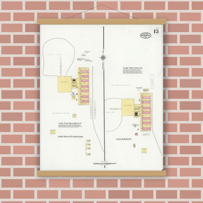 Old map wall art mockup — magnetic wood frame on brick wall — Sanborn Fire Insurance Map from Ferris, Ellis County, Texas (1921), Sheet #0013
