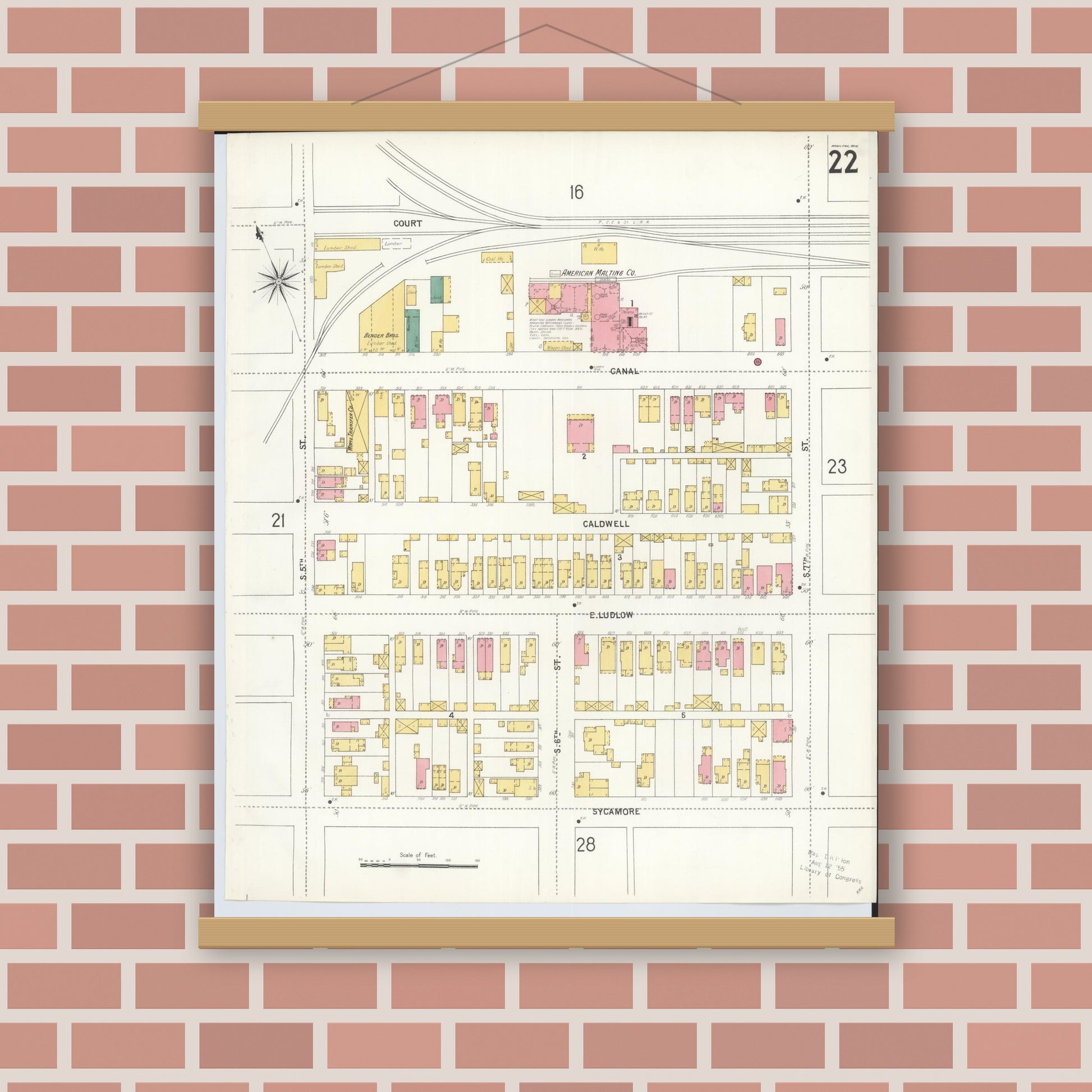 Old map wall art mockup — magnetic wood frame on brick wall — Sanborn Fire Insurance Map from Hamilton, Butler County, Ohio (1899), Sheet #0022