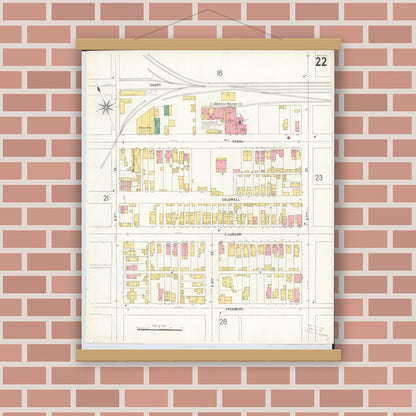 Old map wall art mockup — magnetic wood frame on brick wall — Sanborn Fire Insurance Map from Hamilton, Butler County, Ohio (1899), Sheet #0022