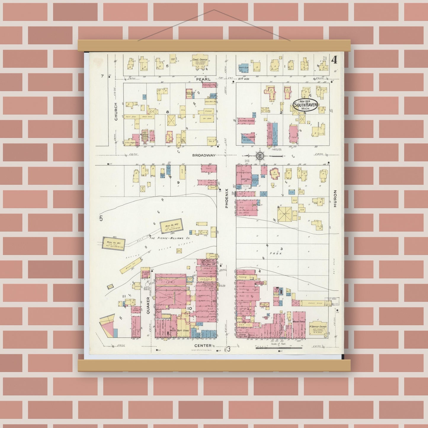 Old map wall art mockup — magnetic wood frame on brick wall — Sanborn Fire Insurance Map from South Haven, Van Buren County, Michigan (1916), Sheet #0004