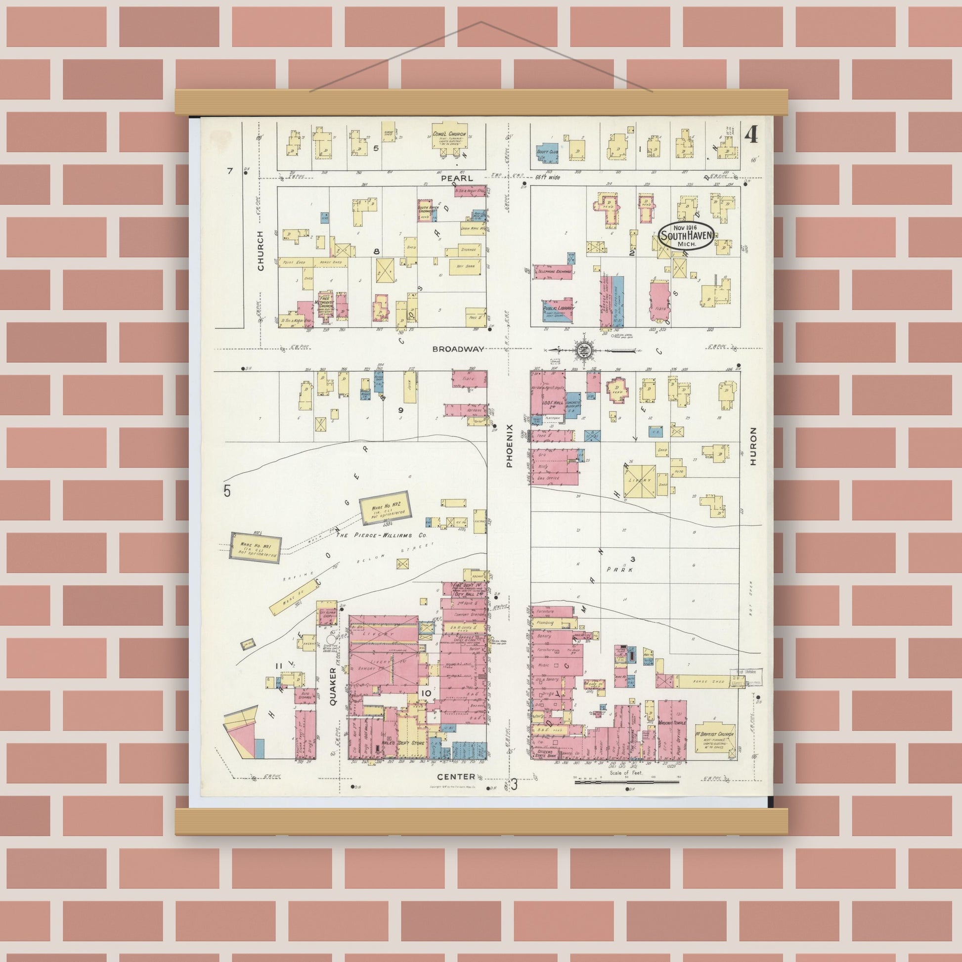 Old map wall art mockup — magnetic wood frame on brick wall — Sanborn Fire Insurance Map from South Haven, Van Buren County, Michigan (1916), Sheet #0004