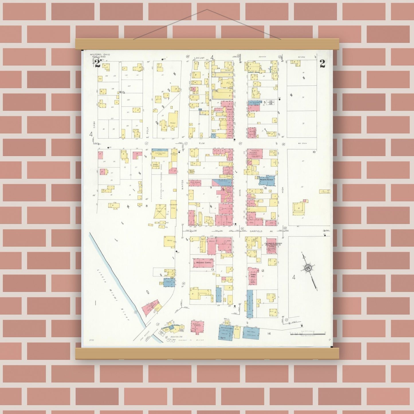 Old map wall art mockup — magnetic wood frame on brick wall — Sanborn Fire Insurance Map from Milford, Clermont And Hamilton County, Ohio (1933), Sheet #0002