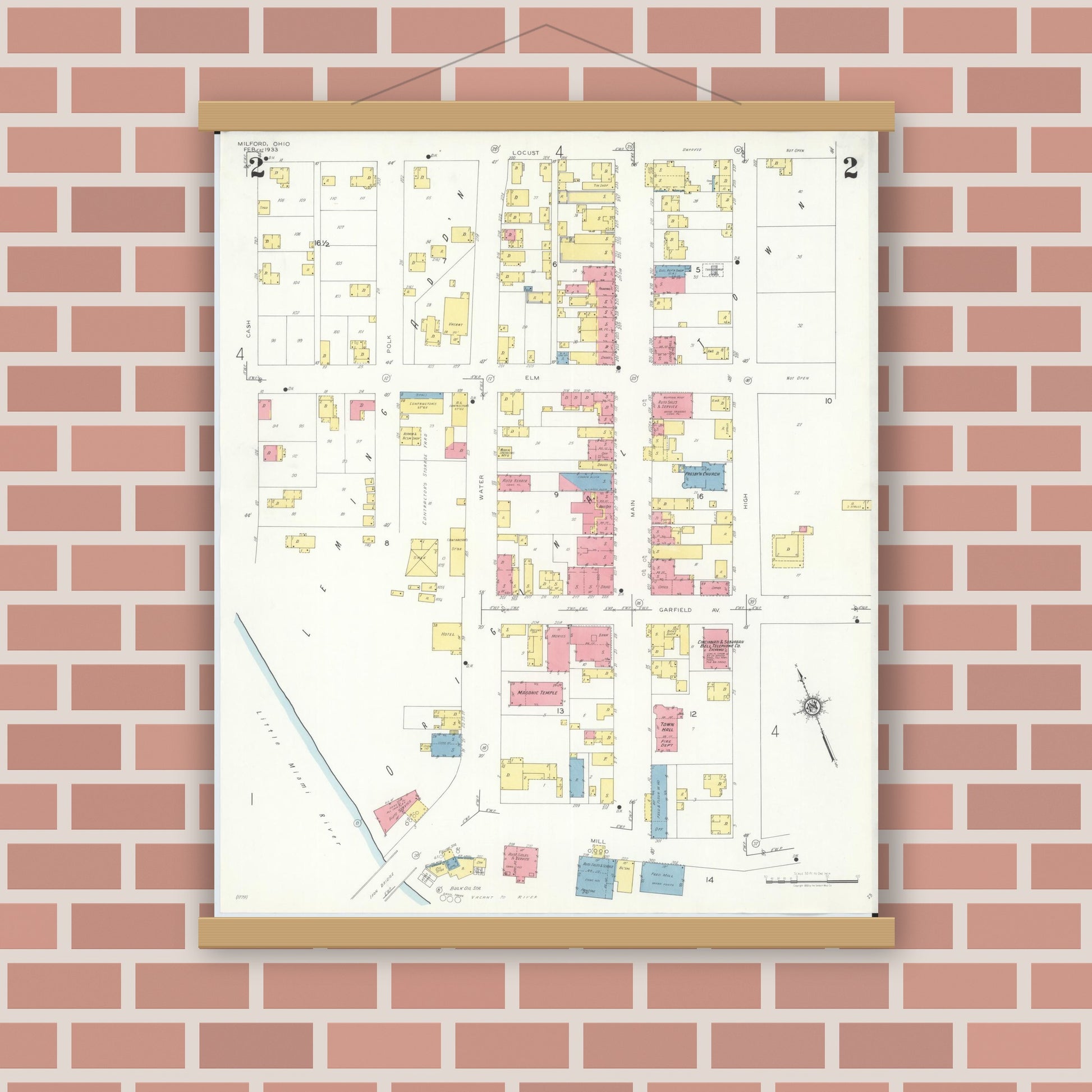 Old map wall art mockup — magnetic wood frame on brick wall — Sanborn Fire Insurance Map from Milford, Clermont And Hamilton County, Ohio (1933), Sheet #0002