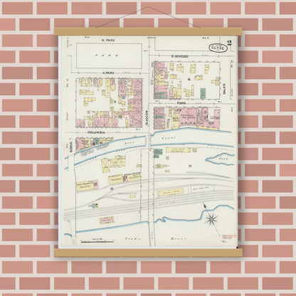Old map wall art mockup — magnetic wood frame on brick wall — Sanborn Fire Insurance Map from Clyde, Wayne County, New York (1890) - Complete Map Set