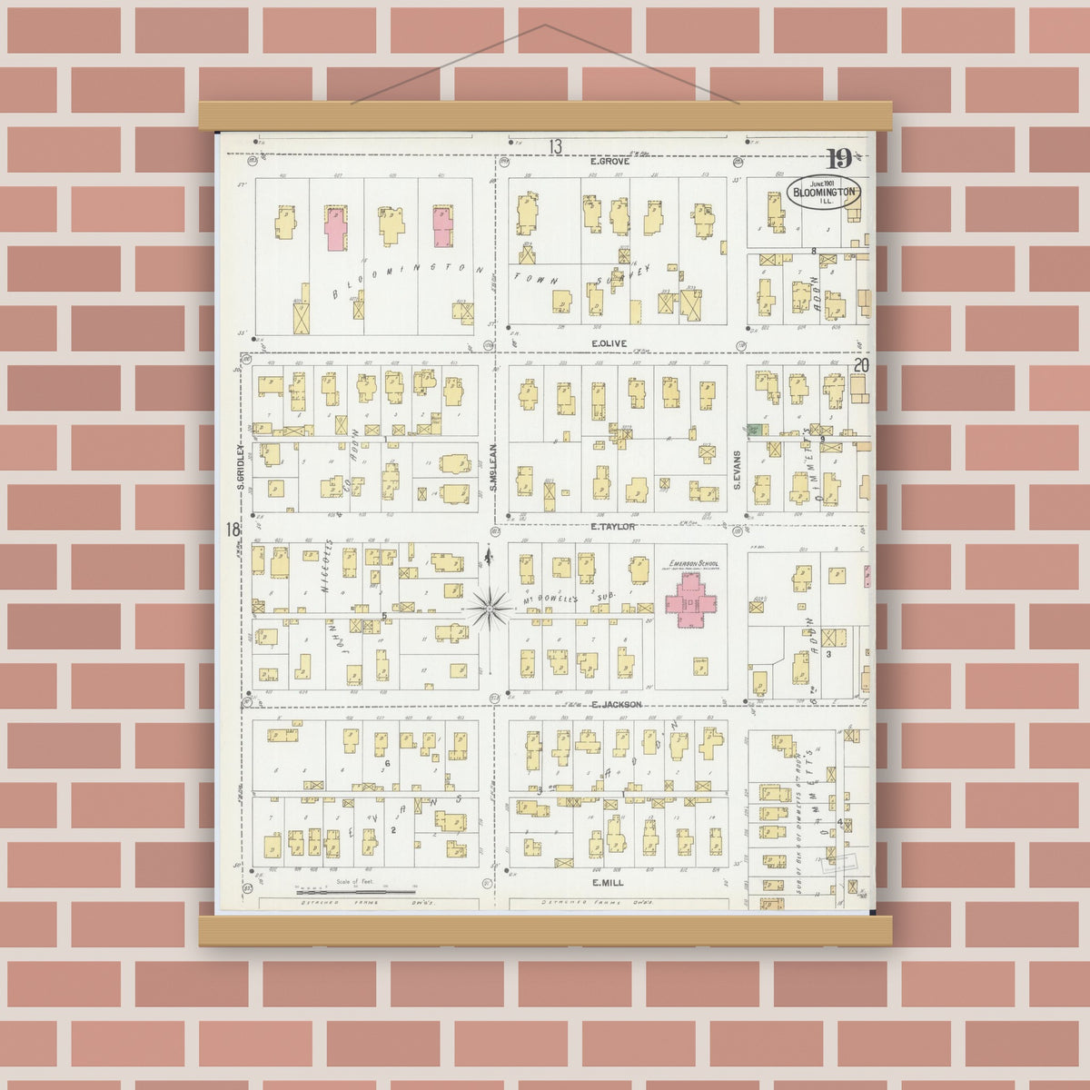 Old map wall art mockup — magnetic wood frame on brick wall — Sanborn Fire Insurance Map from Bloomington, McLean County, Illinois (1901), Sheet #0019