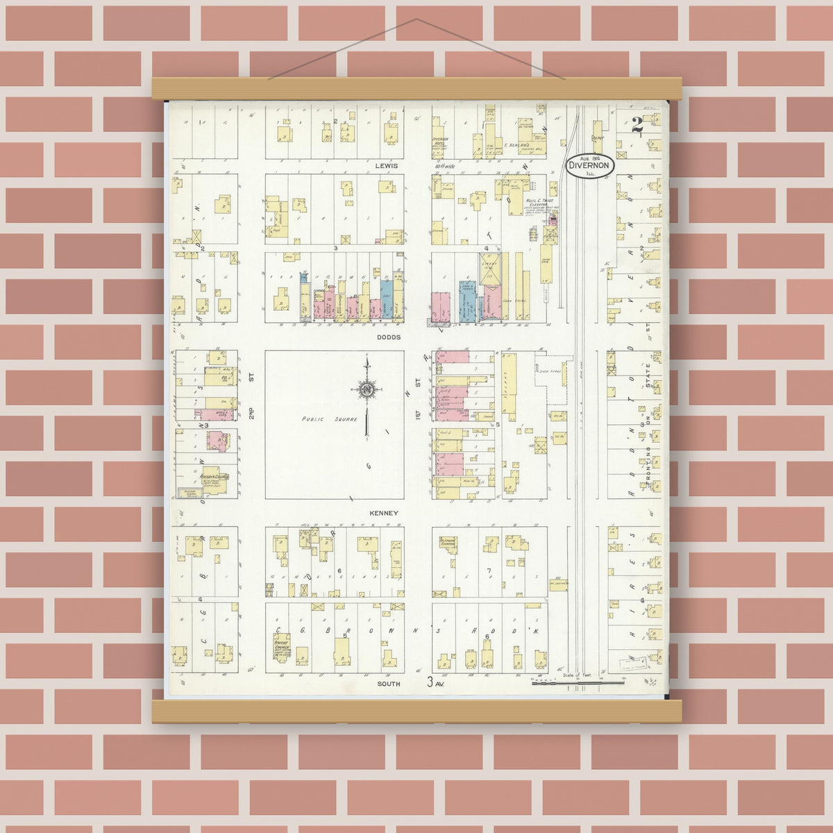 Old map wall art mockup — magnetic wood frame on brick wall — Sanborn Fire Insurance Map from Divernon, Sangamon County, Illinois (1914), Sheet #0002