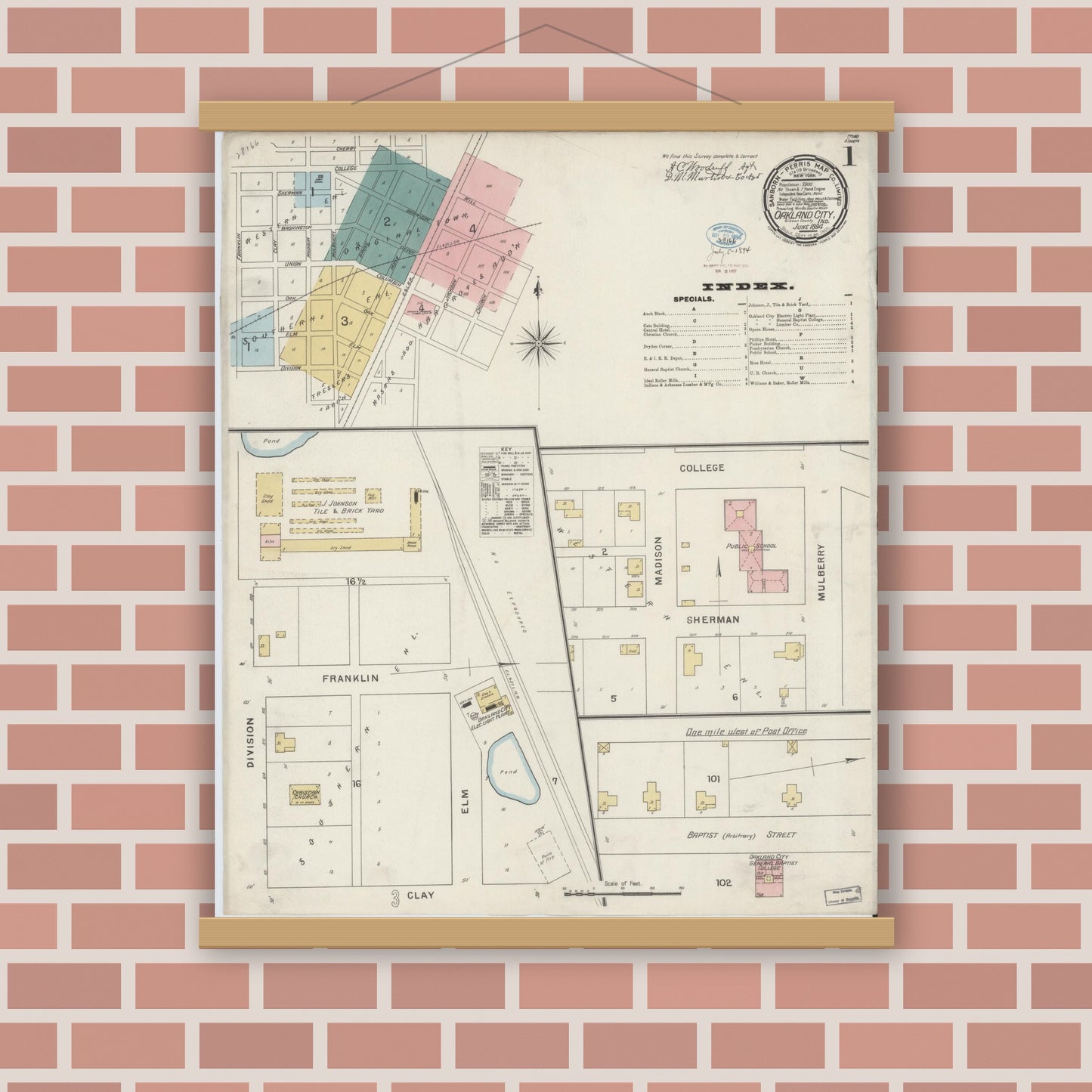 Old map wall art mockup — magnetic wood frame on brick wall — Sanborn Fire Insurance Map from Oakland City, Gibson County, Indiana (1894) - Complete Map Set