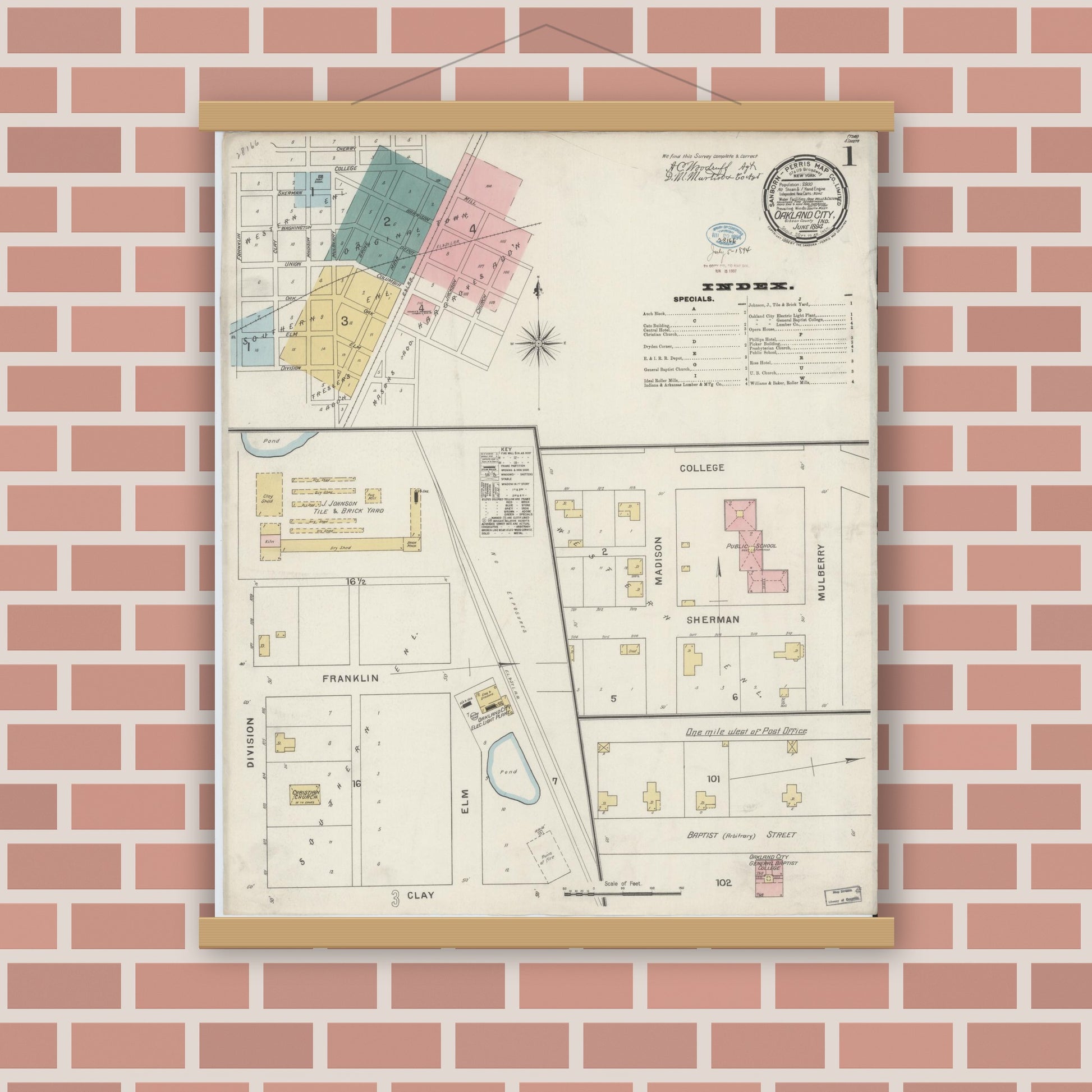 Old map wall art mockup — magnetic wood frame on brick wall — Sanborn Fire Insurance Map from Oakland City, Gibson County, Indiana (1894) - Complete Map Set