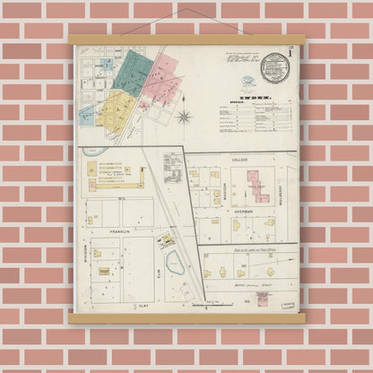 Old map wall art mockup — magnetic wood frame on brick wall — Sanborn Fire Insurance Map from Oakland City, Gibson County, Indiana (1894) - Complete Map Set