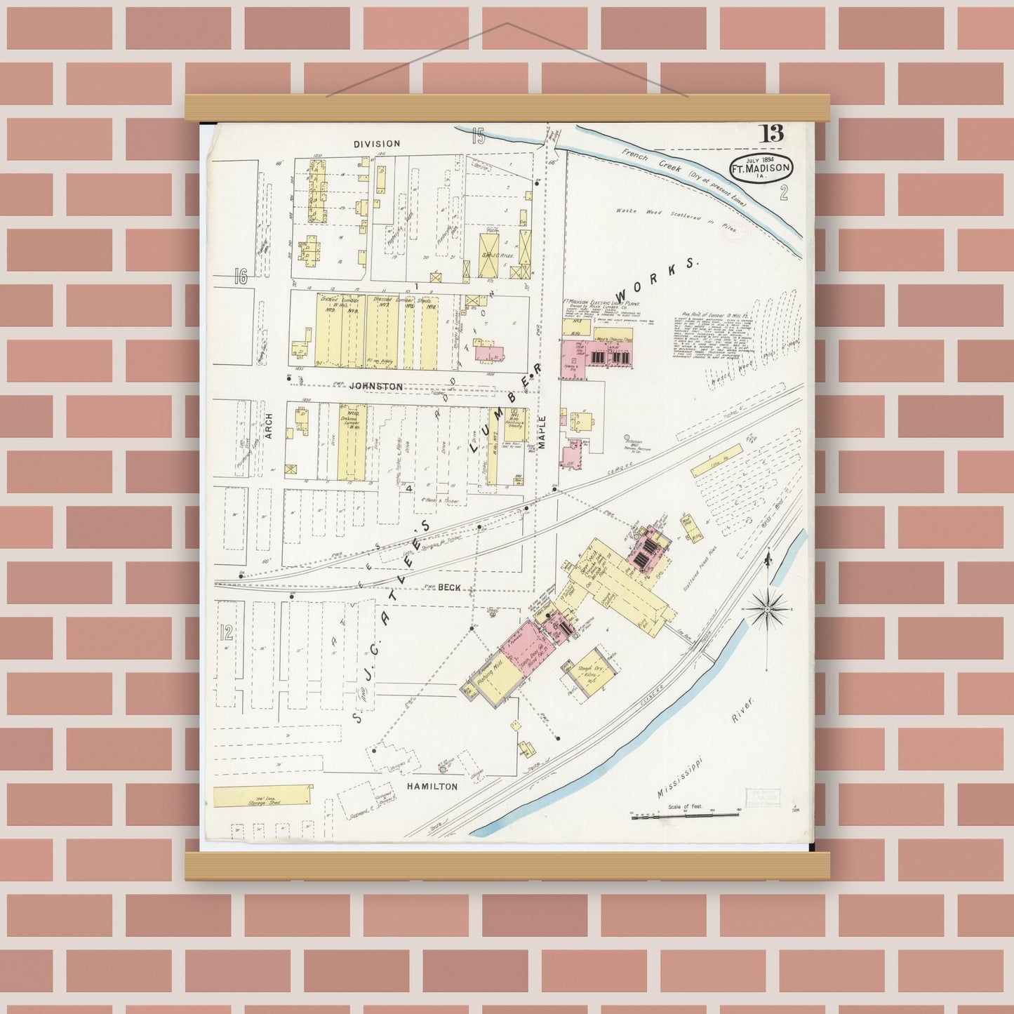 Old map wall art mockup — magnetic wood frame on brick wall — Sanborn Fire Insurance Map from Fort Madison, Lee County, Iowa (1894), Sheet #0013