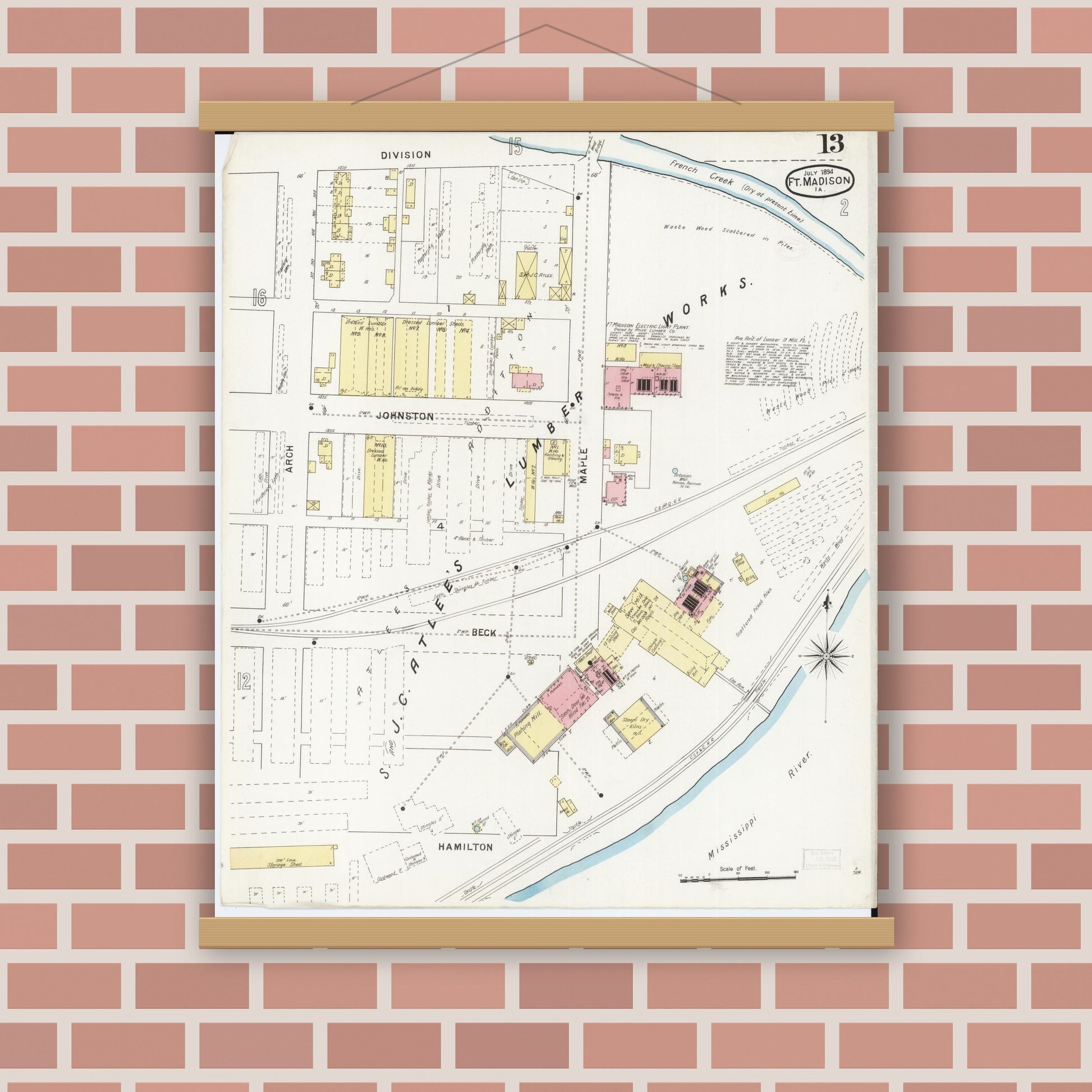 Old map wall art mockup — magnetic wood frame on brick wall — Sanborn Fire Insurance Map from Fort Madison, Lee County, Iowa (1894), Sheet #0013