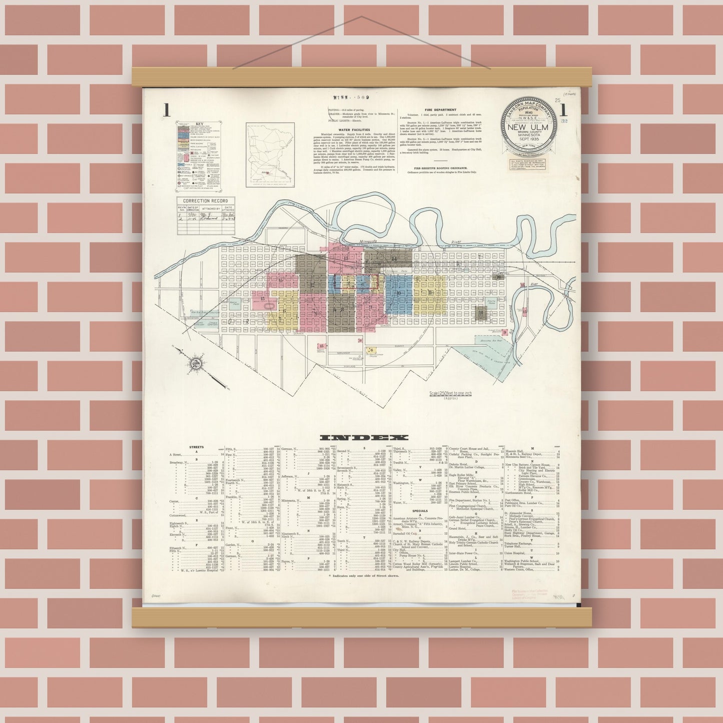 Old map wall art mockup — magnetic wood frame on brick wall — Sanborn Fire Insurance Map from New Ulm, Brown County, Minnesota (1946), Sheet #0001