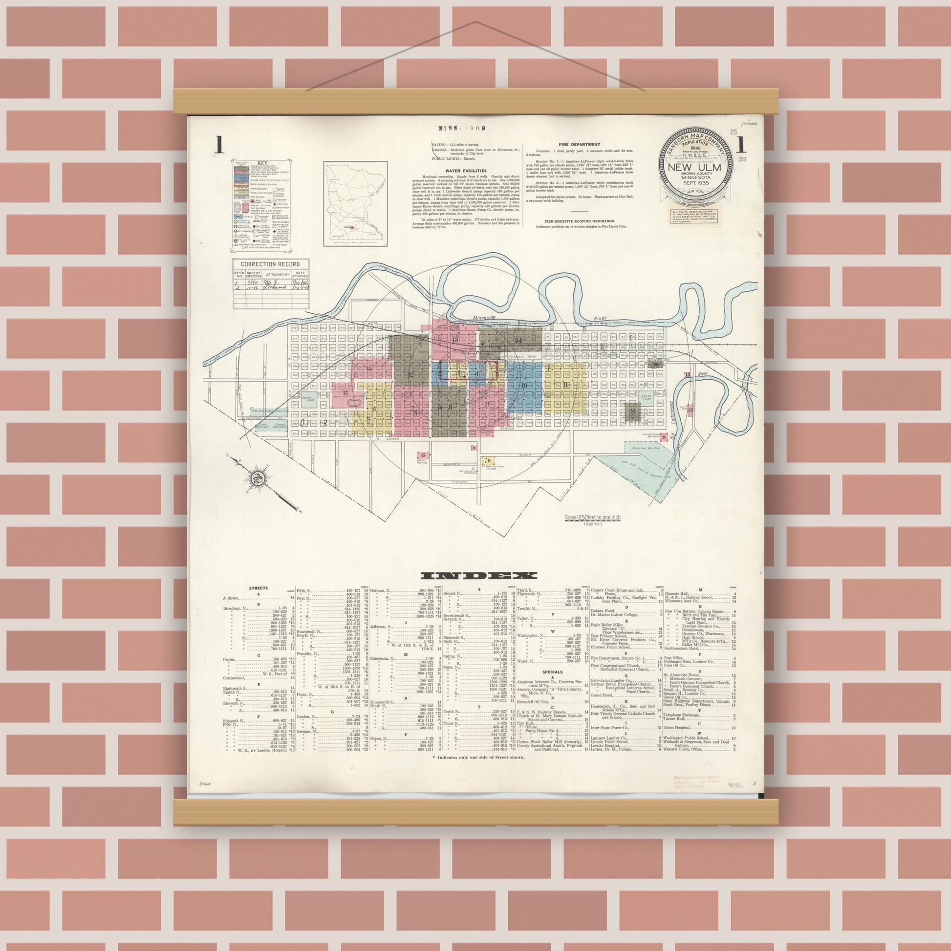 Old map wall art mockup — magnetic wood frame on brick wall — Sanborn Fire Insurance Map from New Ulm, Brown County, Minnesota (1946), Sheet #0001