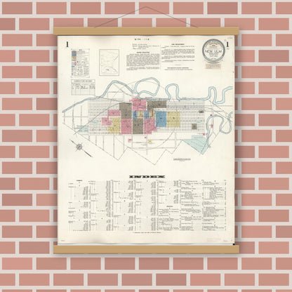 Old map wall art mockup — magnetic wood frame on brick wall — Sanborn Fire Insurance Map from New Ulm, Brown County, Minnesota (1946), Sheet #0001