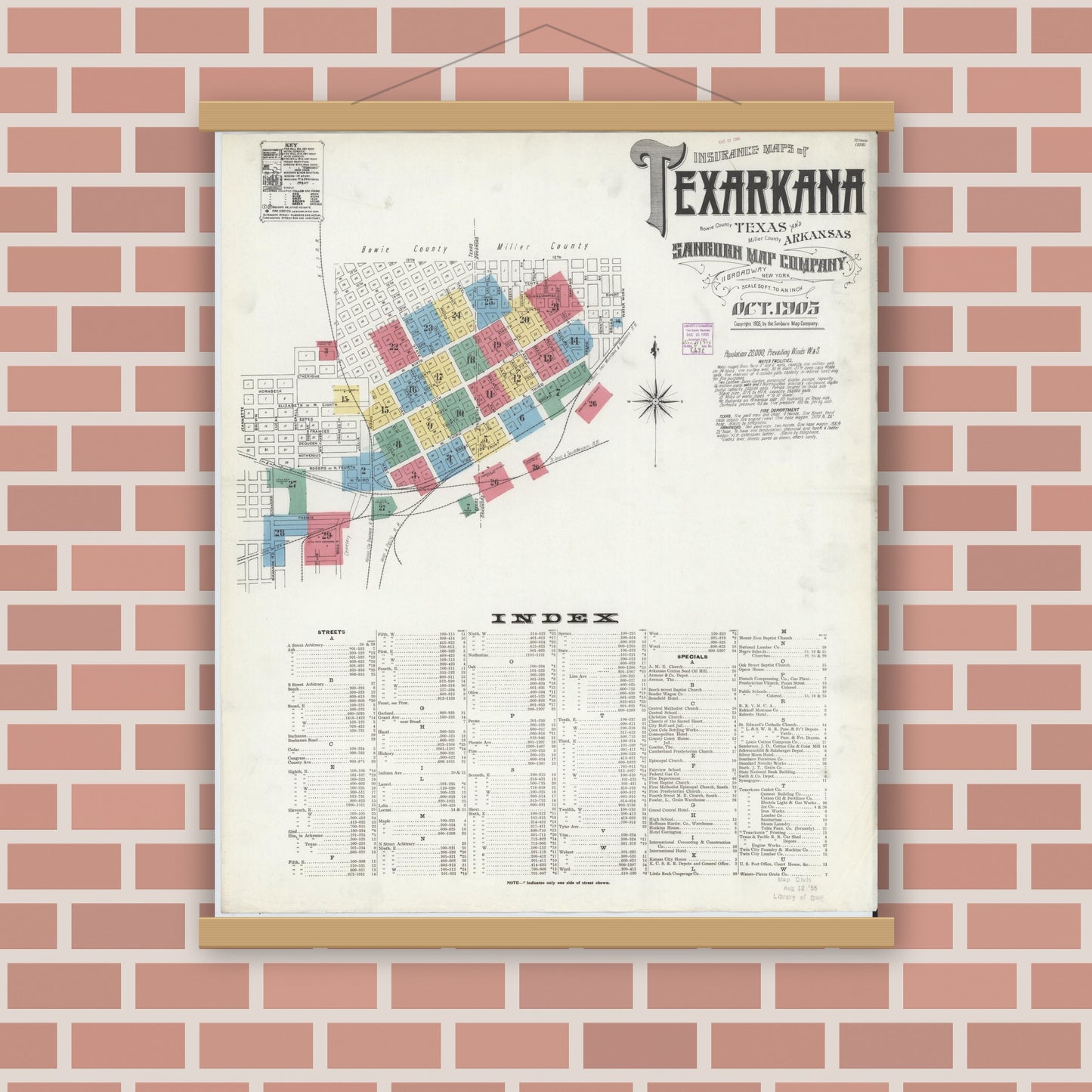 Old map wall art mockup — magnetic wood frame on brick wall — Sanborn Fire Insurance Map from Texarkana, Bowie County, Texas (1905) - Complete Map Set