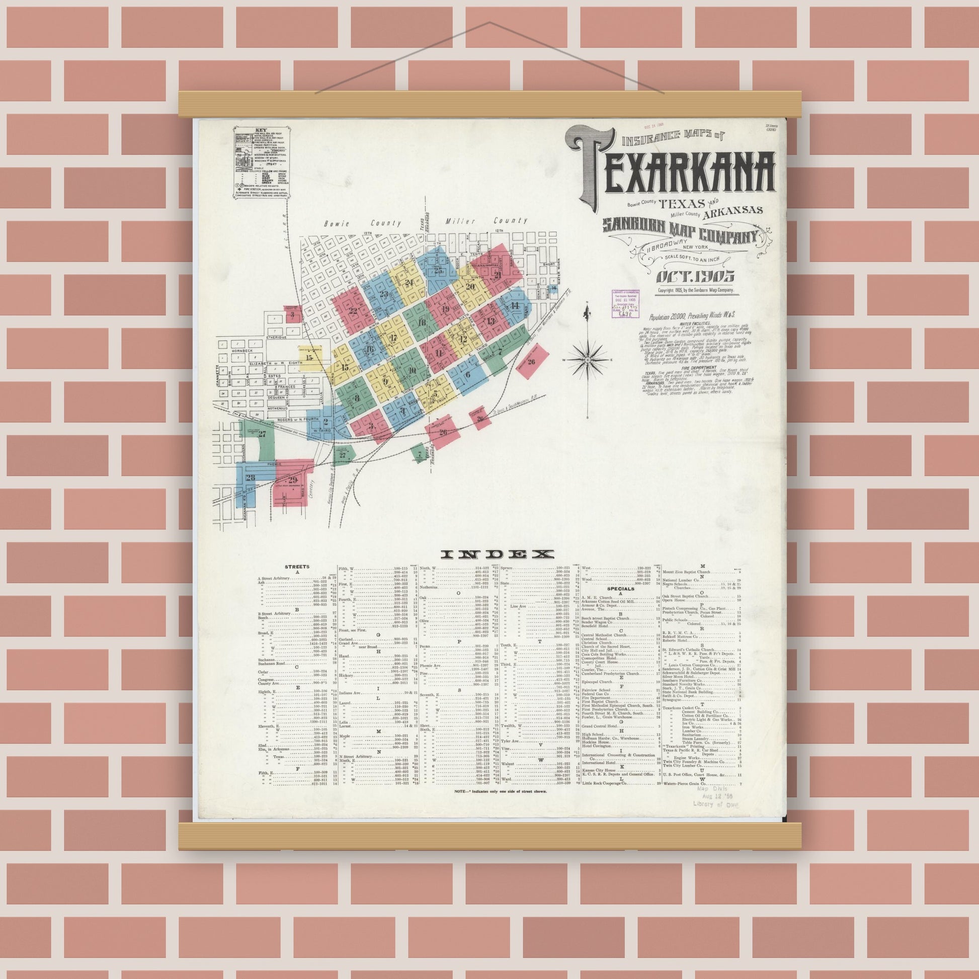 Old map wall art mockup — magnetic wood frame on brick wall — Sanborn Fire Insurance Map from Texarkana, Bowie County, Texas (1905) - Complete Map Set