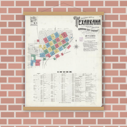Old map wall art mockup — magnetic wood frame on brick wall — Sanborn Fire Insurance Map from Texarkana, Bowie County, Texas (1905) - Complete Map Set