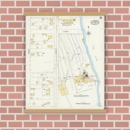 Old map wall art mockup — magnetic wood frame on brick wall — Sanborn Fire Insurance Map from Orange, Orange County, Texas (1896), Sheet #0008