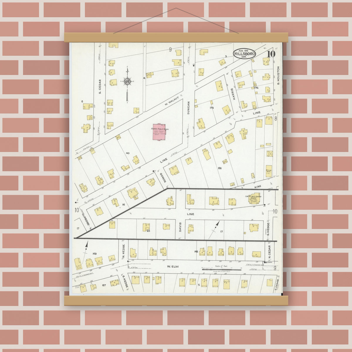 Old map wall art mockup — magnetic wood frame on brick wall — Sanborn Fire Insurance Map from Hillsboro, Hill County, Texas (1918), Sheet #0010