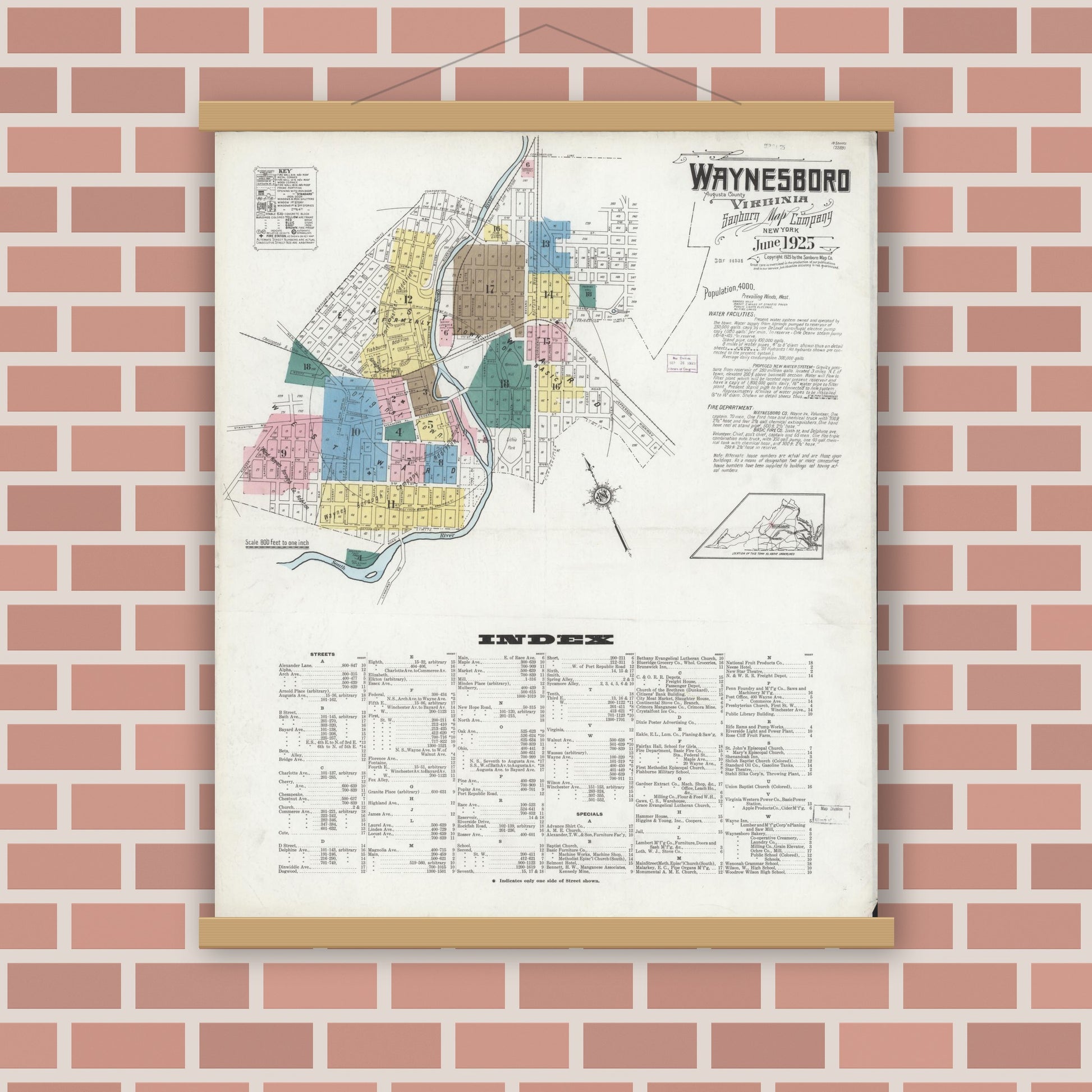 Old map wall art mockup — magnetic wood frame on brick wall — Sanborn Fire Insurance Map from Waynesboro, Independent Cities, Virginia (1925), Sheet #0001