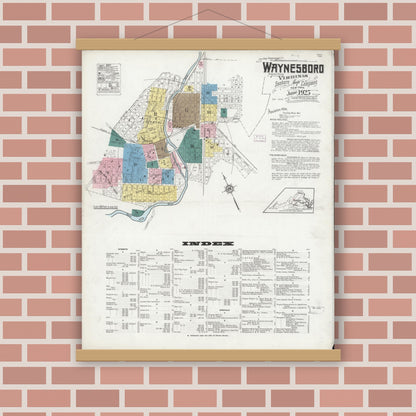 Old map wall art mockup — magnetic wood frame on brick wall — Sanborn Fire Insurance Map from Waynesboro, Independent Cities, Virginia (1925), Sheet #0001