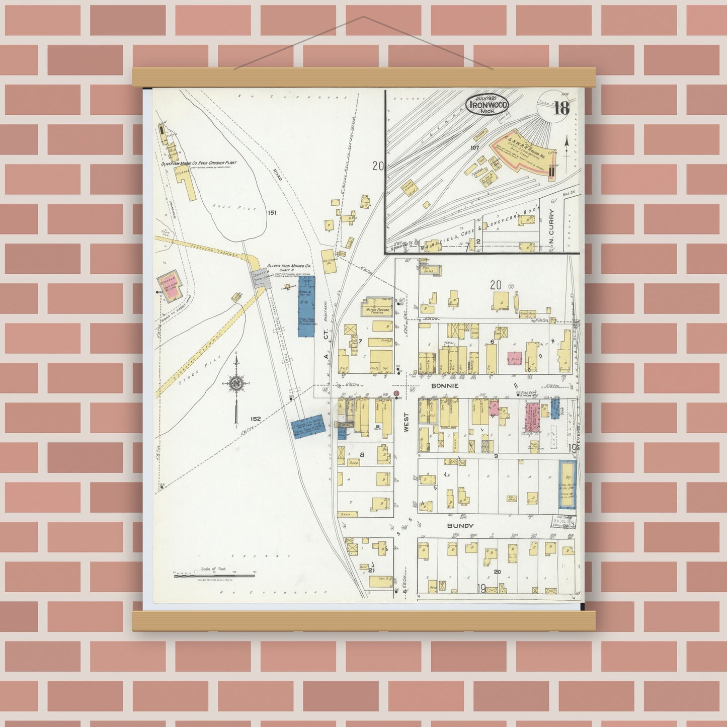 Old map wall art mockup — magnetic wood frame on brick wall — Sanborn Fire Insurance Map from Ironwood, Gogebic County, Michigan (1921), Sheet #0018