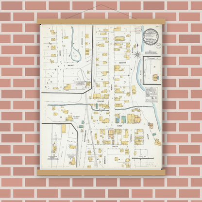Old map wall art mockup — magnetic wood frame on brick wall — Sanborn Fire Insurance Map from Taylors Falls, Chisago County, Minnesota (1899), Sheet #0001