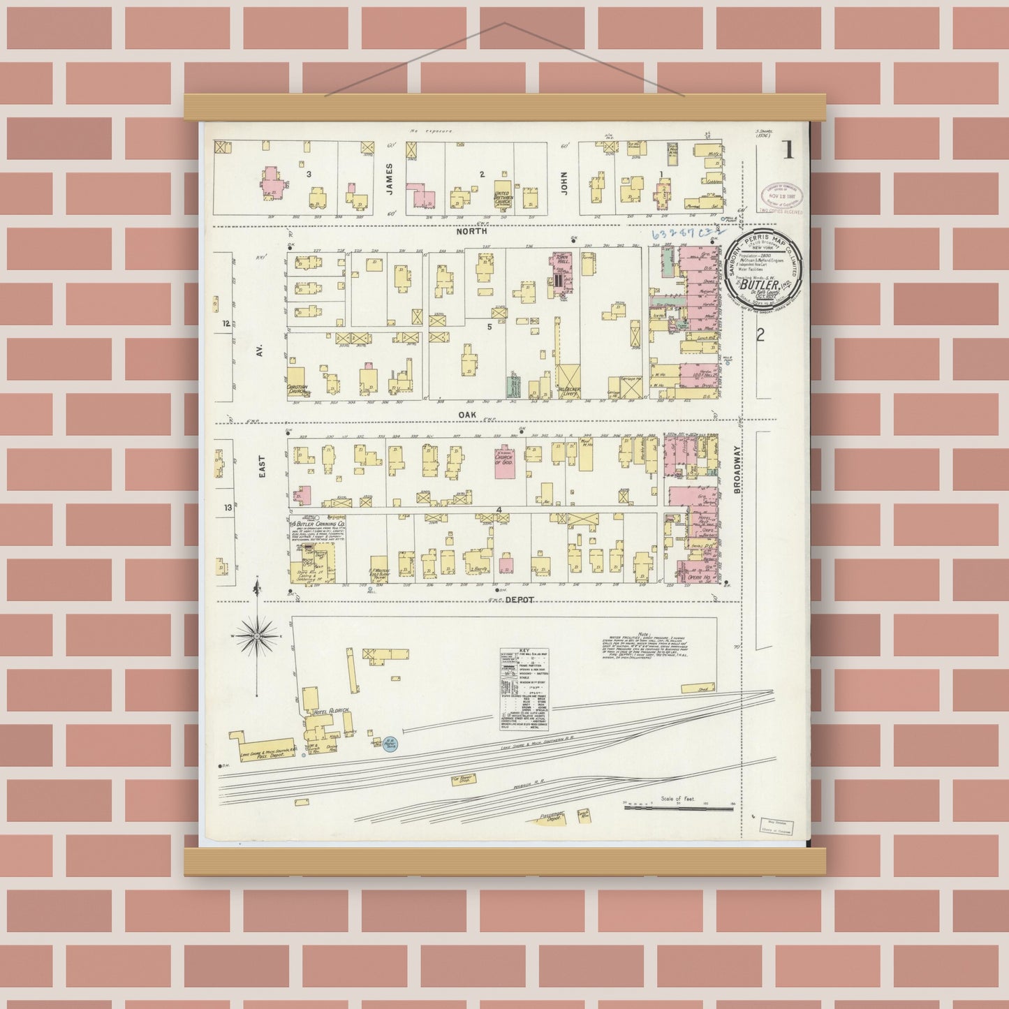 Old map wall art mockup — magnetic wood frame on brick wall — Sanborn Fire Insurance Map from Butler, De Kalb County, Indiana (1897) - Complete Map Set
