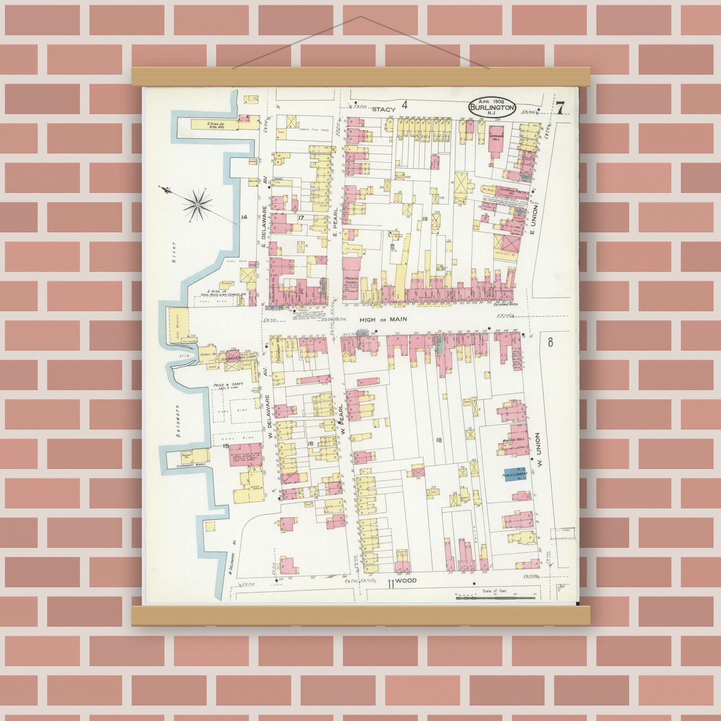 Old map wall art mockup — magnetic wood frame on brick wall — Sanborn Fire Insurance Map from Burlington, Burlington County, New Jersey (1908), Sheet #0006