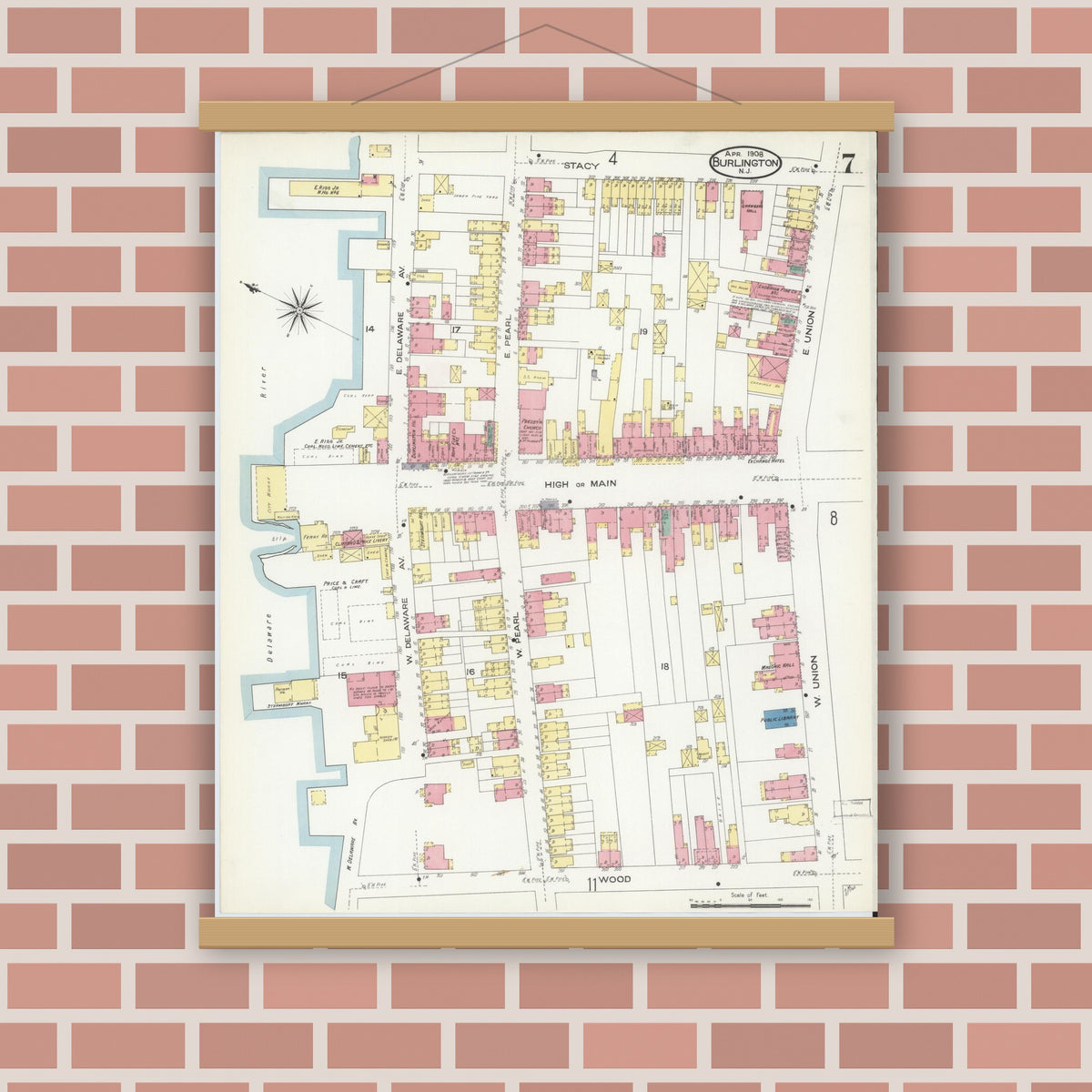 Old map wall art mockup — magnetic wood frame on brick wall — Sanborn Fire Insurance Map from Burlington, Burlington County, New Jersey (1908), Sheet #0006