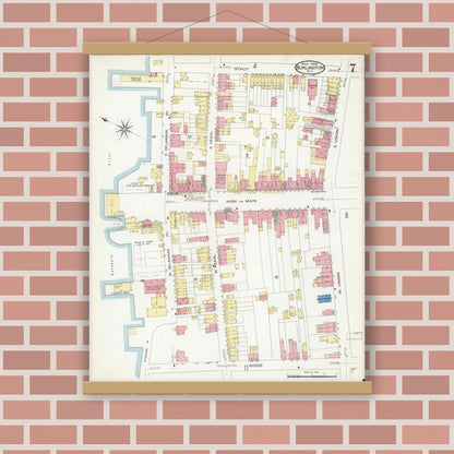 Old map wall art mockup — magnetic wood frame on brick wall — Sanborn Fire Insurance Map from Burlington, Burlington County, New Jersey (1908), Sheet #0006