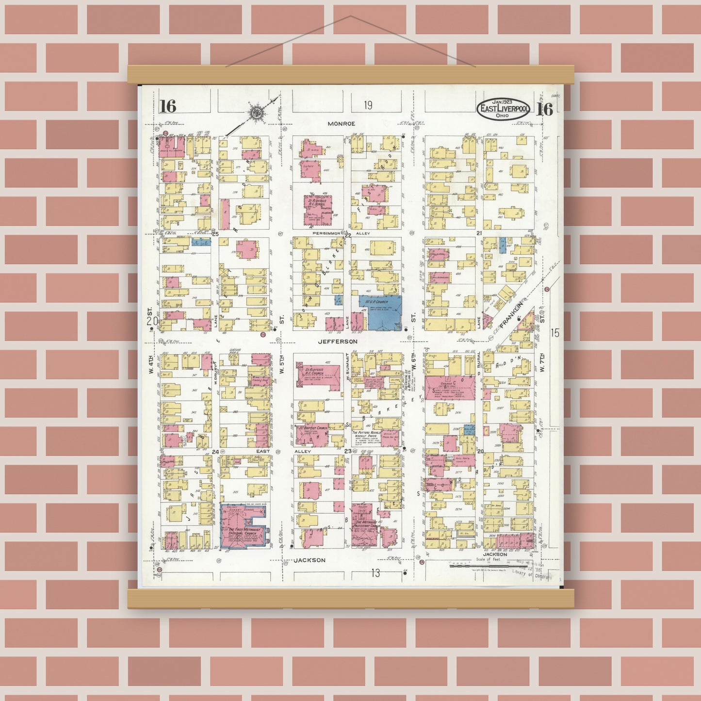 Old map wall art mockup — magnetic wood frame on brick wall — Sanborn Fire Insurance Map from East Liverpool, Columbiana County, Ohio (1923), Sheet #0016