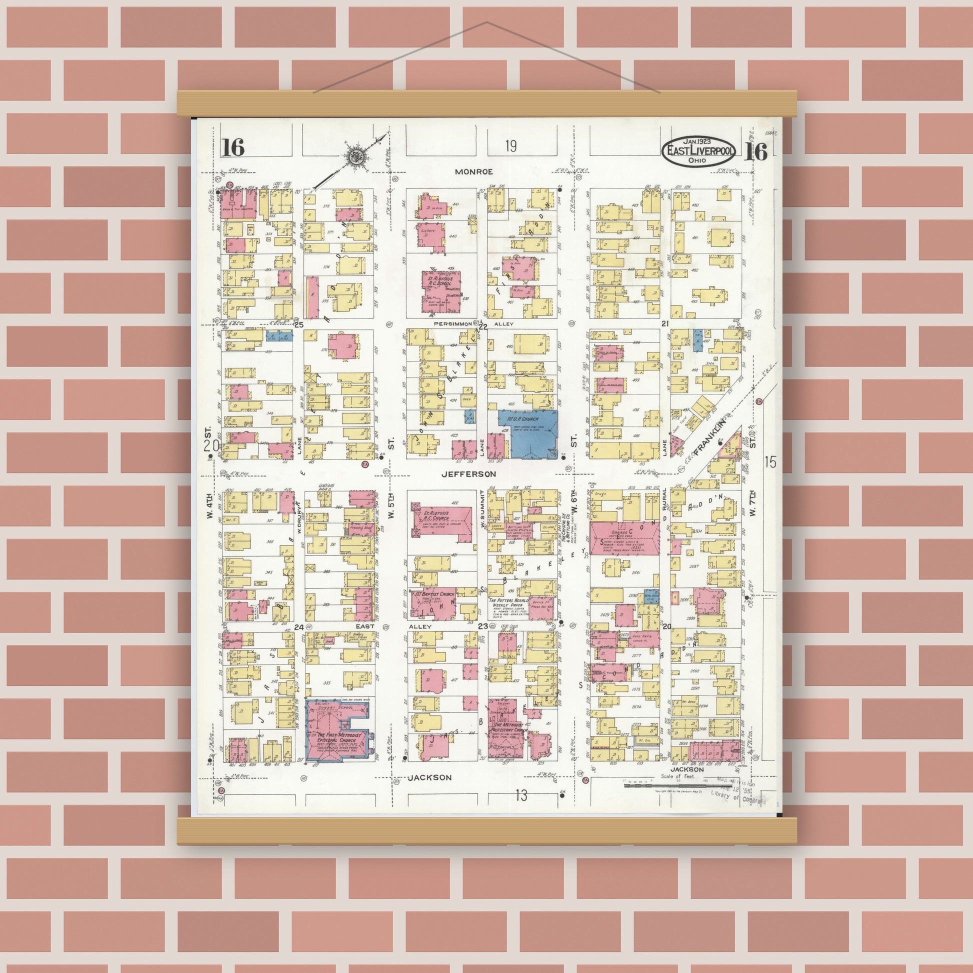 Old map wall art mockup — magnetic wood frame on brick wall — Sanborn Fire Insurance Map from East Liverpool, Columbiana County, Ohio (1923), Sheet #0016
